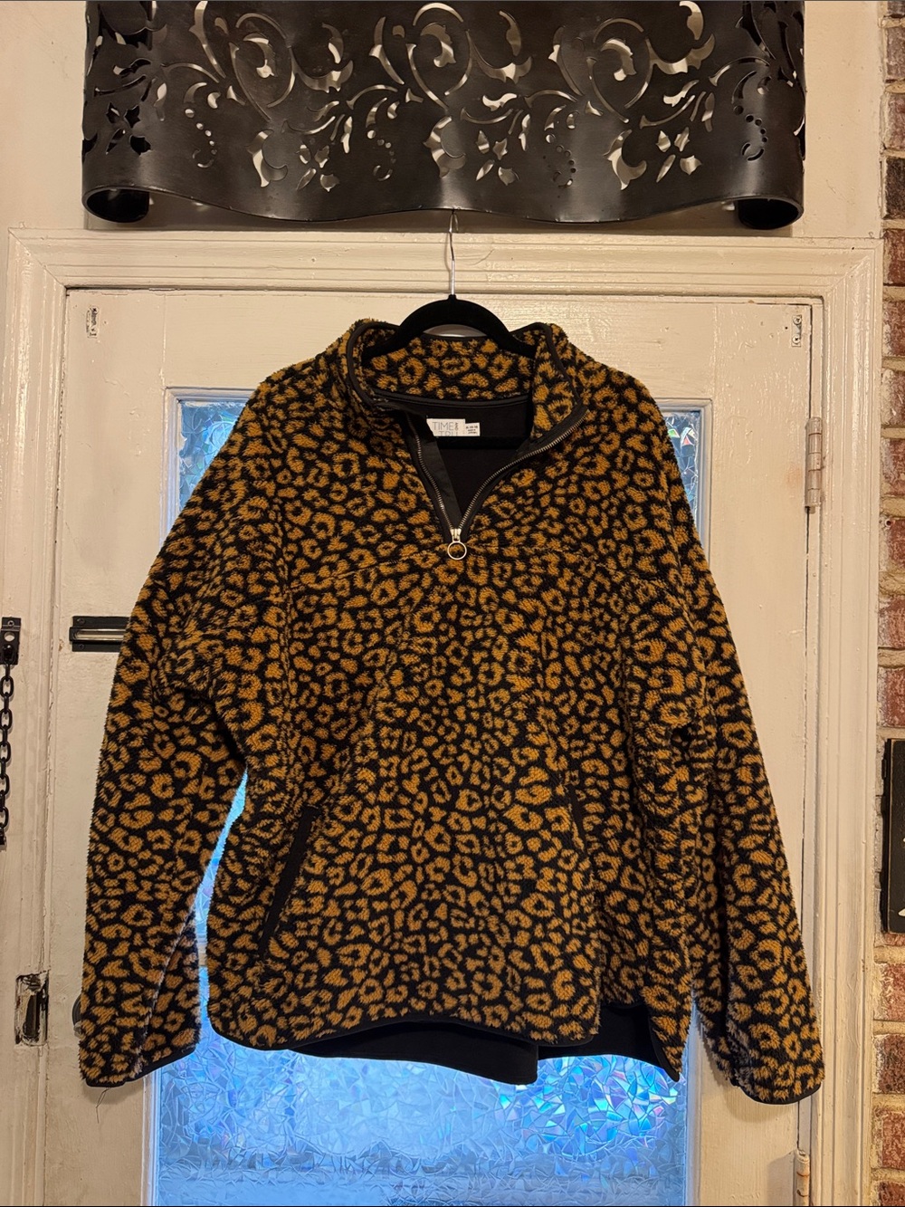 Time and Tru Leopard Print Teddy Quarter-Zip Jacket - Black & Gold